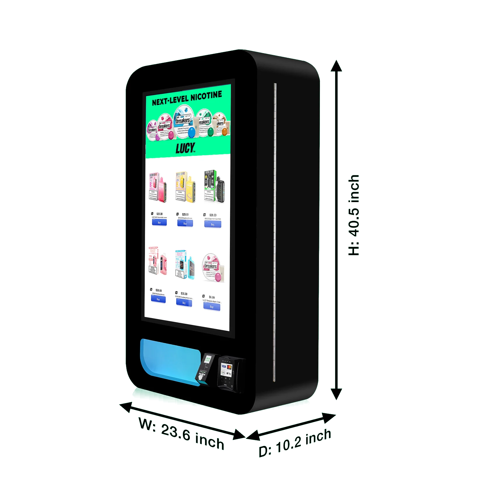 Machine dimensions: 40.5 in tall, 23.6 in wide, 10.2 in deep